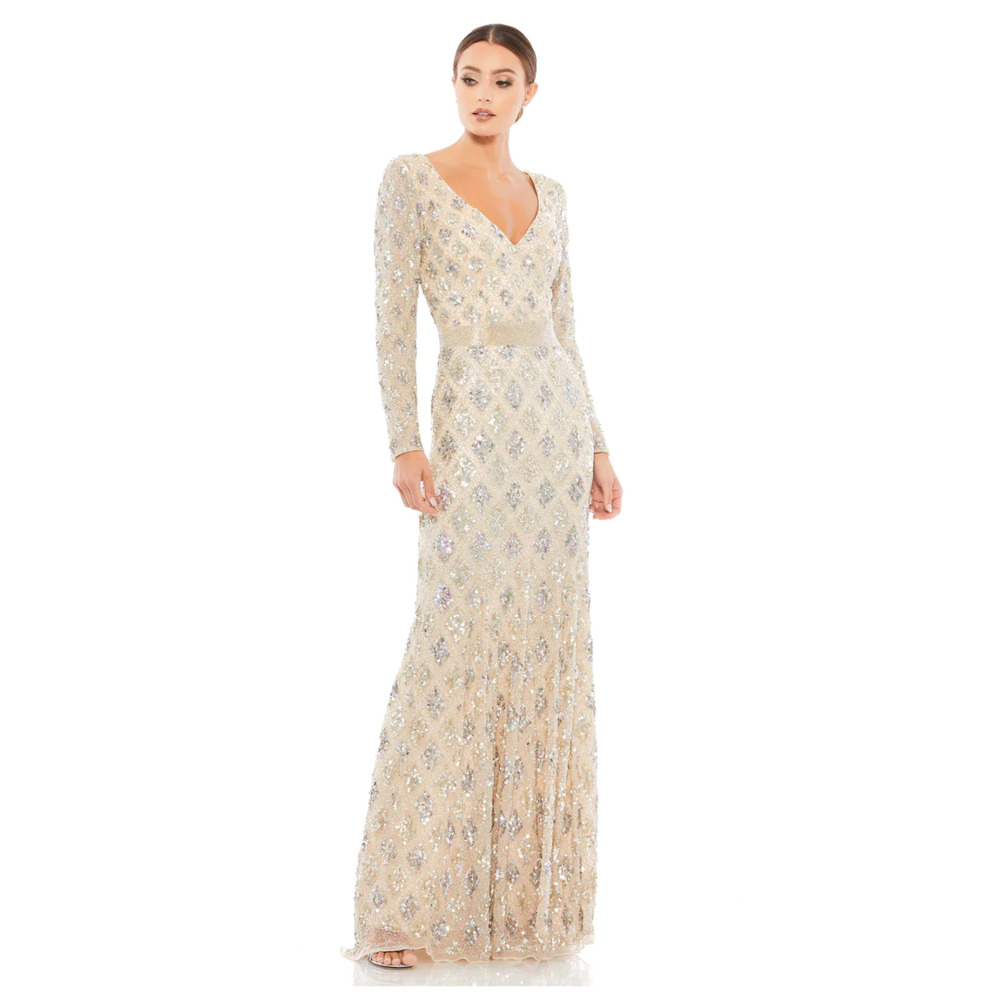 Mac Duggal 5021 Geometric Embellished Evening Gown Nude Silver 6 NWT